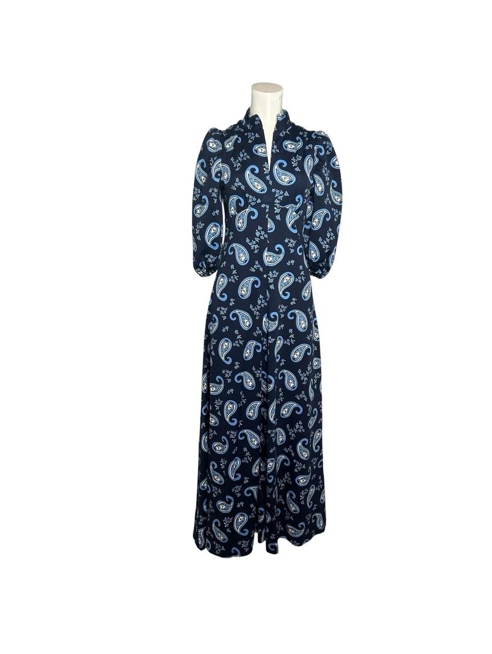 Vintage 70s Navy Paisley Maxi Dress Empire Waist Boho Prairie XS